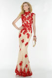 High Neck Hollowed Red Lace Appliqued Mermaid Ladies Evening Dress