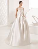 Lace Top Pleat Belt with Bow Pocket Satin Ball Gown Bridal Wedding Dress