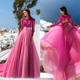 Fuchsia Pink Lace Bodice Party Gowns Beaded Evening Prom Dress Q20161