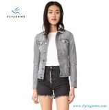 Women Distressed Slim Jean Jacket with Rips and Faded Wash