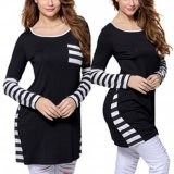 Fashion Women Leisure Casual Pocket Color Stripe Clothes Blouse