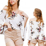 Fashion Women Chiffon Printed off Shoulder Flare Sleeve Clothes Blouse