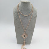 Fashion Jewelry Long Plated Chain Tassel Pendant Sweater Necklace Rhinestone