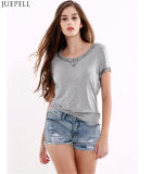 Summer Fashion New Women's Round Neck Short Sleeve T-Shirt Solid Color Beading Casual Women Tshirt