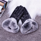 Ladies Luxury Real Sheepskin Leather with Fox Fur Cuff Phone Touch Leather Gloves