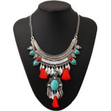 Statemet Necklace, Long Boho Gemstone Fringe Chain Leaf Beads Collar Necklace Pendant for Women
