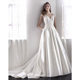 White Satin Bridal Gowns Lace Cap Sleeves Wedding Dress 2018 Lb1852
