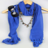 Blue Color Azo Free Scarf with Pompom and Tassels