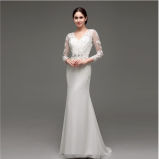 Sheath/Column V Neck Full Sleeves Lace Applique Wedding Dress