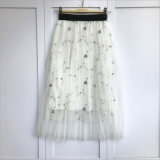 Women Summer Double Mash Floral Elastic Waist MID-Calf Skirt