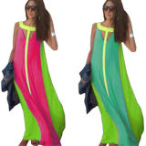Women Summer Casual Color Block Long Party Dresses Robe Longue (50566-1)