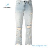 Blue Cotton Ripped Distressed Cropped Jeans Women Denim