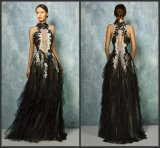 Sleeveless Black Party Prom Gowns Lace Appliqued Silver Ivory Evening Dress B1278