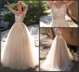 Champagne Bridal Formal Gown A-Line Sleeveless Appliqued Lace Wedding Dresses We15