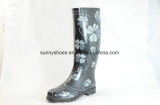 2018 Wholesale Black Rubber Rainboots Knee Wellington Boots with Print