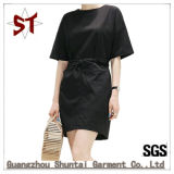 Wholesale Lady Casual Black T-Shirt Straight Dress with Belt