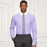 Contrast Fabric Collar Purple Striped Dress Shirt for Men