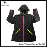 Ys-1072 Ladies Black Fleece Waterproof Breathable Softshell Jacket with Hood Women's