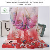 Newest Gradient Flowers Birds Printed Viscose Shawl Fashion Lady Scarf