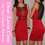 Red Bodycon Drees with Mesh and Faux Leather Trim