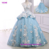 White Lace Appliqued Blue Bridal Gowns Wedding Dress