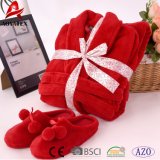 Hot Sale Red Coral Fleece Comfortable Bathrobe with Slipper