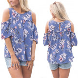 Fashion Women Leisure Casual Flower Printed off Shoulder Top Blouse
