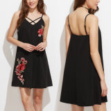 Fashion Women Sexy Loose Rose Flower Embroidery Backless Slip Dress