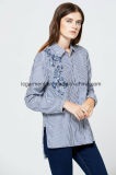 Wholesale Spring Latest Fashion Cutting Blouse Embroidered Navy Blue Stripe Shirt