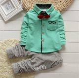 Ks1913 Top Quality Glasses T-Shirt +Pants Two-Piece Kids Fashion Set with Bow Knot