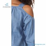 Fashion Youth Short-Sleeved Shoulder Ladies Denim Shirt with Enzyme Wash by Fly Jeans