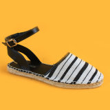 Ladies White and Black Strip Ankel Strap Flats Sandals Espadrilles