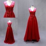 Heavy Sequin Beading V Neck Red Evening Gown