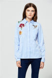 Good Quality Fashion High Low Hem Embroidered Cotton Lady Shirt Navy Blue Stripe Woman Blouse Fashion Cutting Blouse