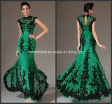 Green Chiffon Black Lace Appliques Full Length Mother of The Bride Dress B14923