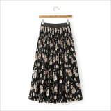 Flower Printed Long Pleated Skirt with Elastic Waist