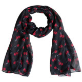 Lady Fashion Polyester Voile Cherry Printed Scarf (YKY4205)