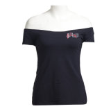 Ladies Tops Black Boat Neckline Cotton T Shirts with Embroidery