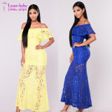 Women Vestido off The Shoulder Lace Designer Dresses with 2 Colors Yellow Blue