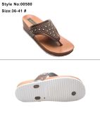 Wide Flip Flop Strip Strap Women and Ladies High Heel Thick Sole Clip Toe Slipper with Italy Charm and Metal Decoration