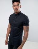 Slim Fit Poplin Shirt with Short Sleeves in Black
