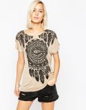 Hot Sale Viscose Feather Printed Jersey Lady T-Shirt