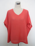 Women Fashion Cotton Knitted V-Neck Tee Shirt (YKY2230-4)