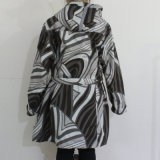 Black and White Geometric Pattern Hooded PVC Raincoat for Woman