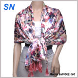 Fashion Satin Scarf with Flower Design Polyester Shawl
