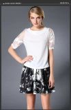 China Manufacturer White Round Collar Short Sleeve Chiffon Blouse with Lace