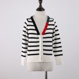 Girls' Black/Cream Striped Cardigan with Lose Version and Soft Handfeel, Contrast Color Entrance Guard