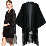 Fashion Classic Black Kimono Casual Bat-Like Tassel Blouses (50017)