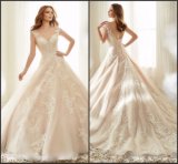 Cap Sleeves Bridal Ball Gown Lace Appliqued Blush Wedding Dress A156