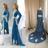 Vestidos De Gala Largos Blue Chiffon Long Sleeve Arabic Kaftans Evening Dress Women